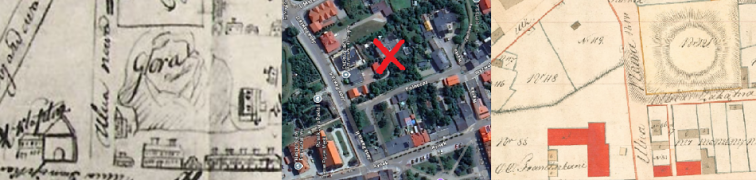Miejsce, w którym kiedyś istniał radziejowski zamek (oznaczone czerwonym X)