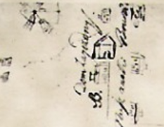 Fragment planu Radziejowa z 1835r., widoczny dom zajezdny i wiatrak, które istniały naprzeciwko dzisiejszego sądu i sklepu Żabka.