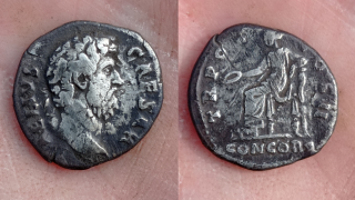 Rzadko znajdowany denar rzymski cezara Aeliusza. Wybity w mennicy w Rzymie w 137 r. n.e., na awersie popiersie cezara i napis w otoku AELIVS CAESAR, a na rewersie siedząca Concordia, trzymająca paterę, za nią róg obfitości.