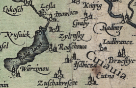 Fragment mapy Gerarda Mercatora  - Polonia et Silesia z 1585r. Widzimy część obszaru Kujaw, m. in. Jezioro Goplo (Gobla lacus), oraz Radziejów -  tu pod nazwą Rodzchowa.