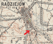 WIG - Mapa Taktyczna Polski 1934r.,  strzałką wskazałem lokalizację cmentarza żydowskiego w Radziejowie.
