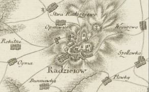 Mapa Special Carte von Pohlen in 35 Sektionen Theodora Philippa von Pfaua wykonana w 1778 roku w skali 1:87 tys. Radziejów (widać wiatrak na górze położonej pod miastem) i Stary Radziejów oraz sporo okolicznych miejscowości.