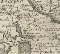 Mapa "Auctior et correctior tabula chorographica Regni Poloniae vicinarumque regionum, ubi itinera, quae rex Sueciae Carolus Gustavus una cum exercitibus suis ab initio usque ad finem belli fecit..." Erica Dahlberga. Wydana w Norymberdze 1696 r.